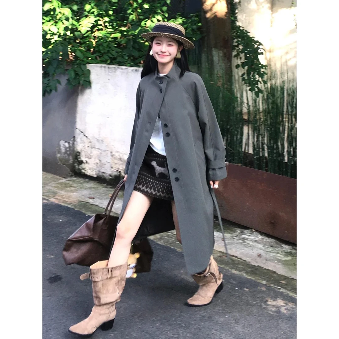 DUCURNO高级感立领风衣女秋季2025年新款复古中长款宽松过膝外套