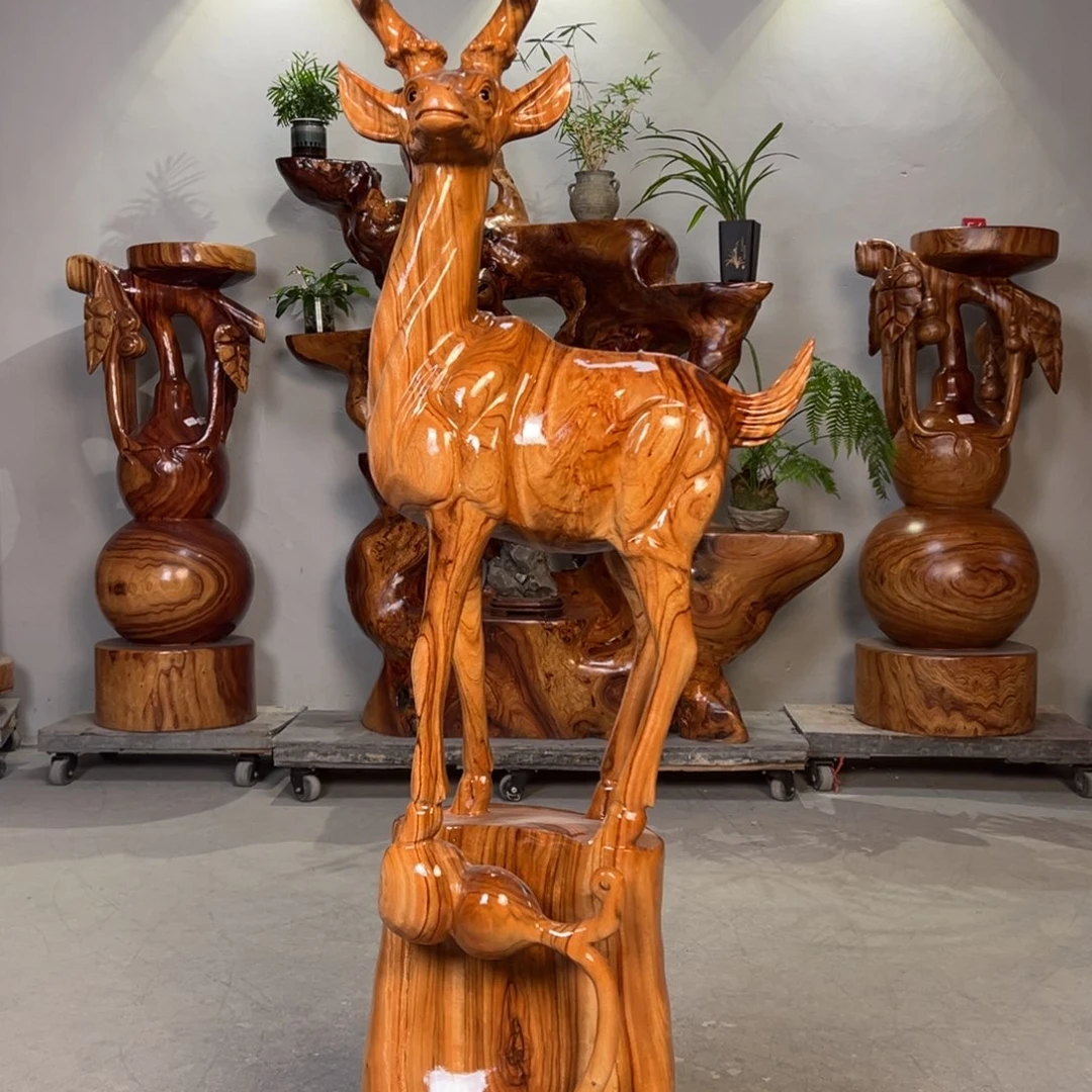 @***诺香樟木梅花鹿整体雕刻
