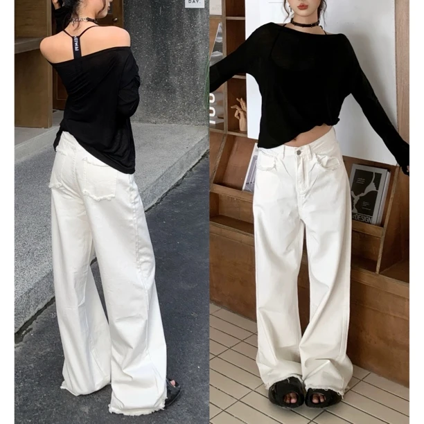 【出片显瘦神裤】TQF*水洗高腰拼接毛边阔腿牛仔裤~