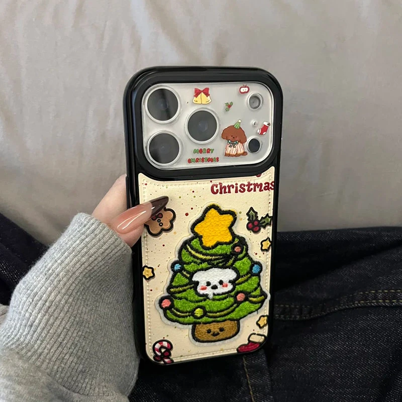 雅天立皮纹刺绣圣诞树小狗适用iPhone16promax苹果17鼓包手机壳15