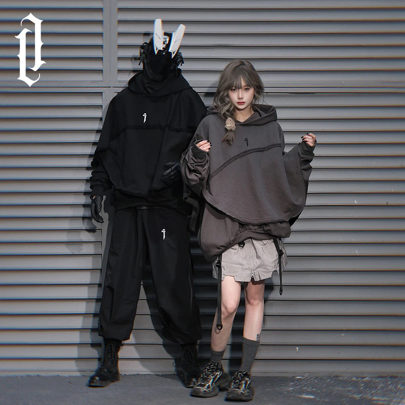 吉业小众设计暗黑风假两件拼接斗篷卫衣男士春季个性潮流上衣