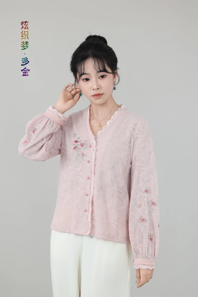 炫织梦多金25早春V领花朵刺绣灯笼袖百搭温柔女士开衫外套6762