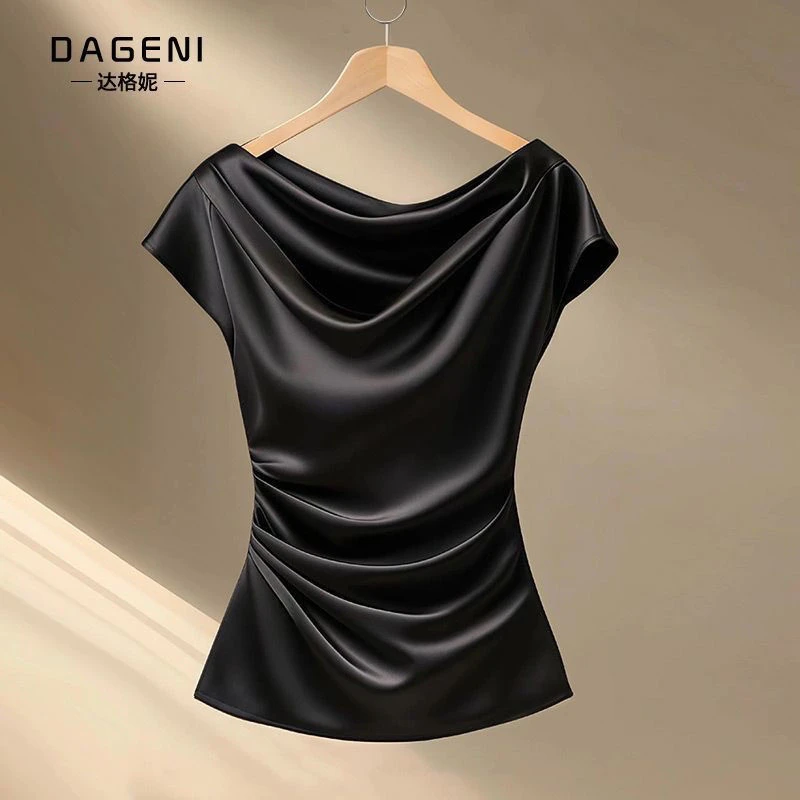 缎面堆堆领短袖t恤女夏季2025年新款高级感时尚小衫收腰显瘦上衣