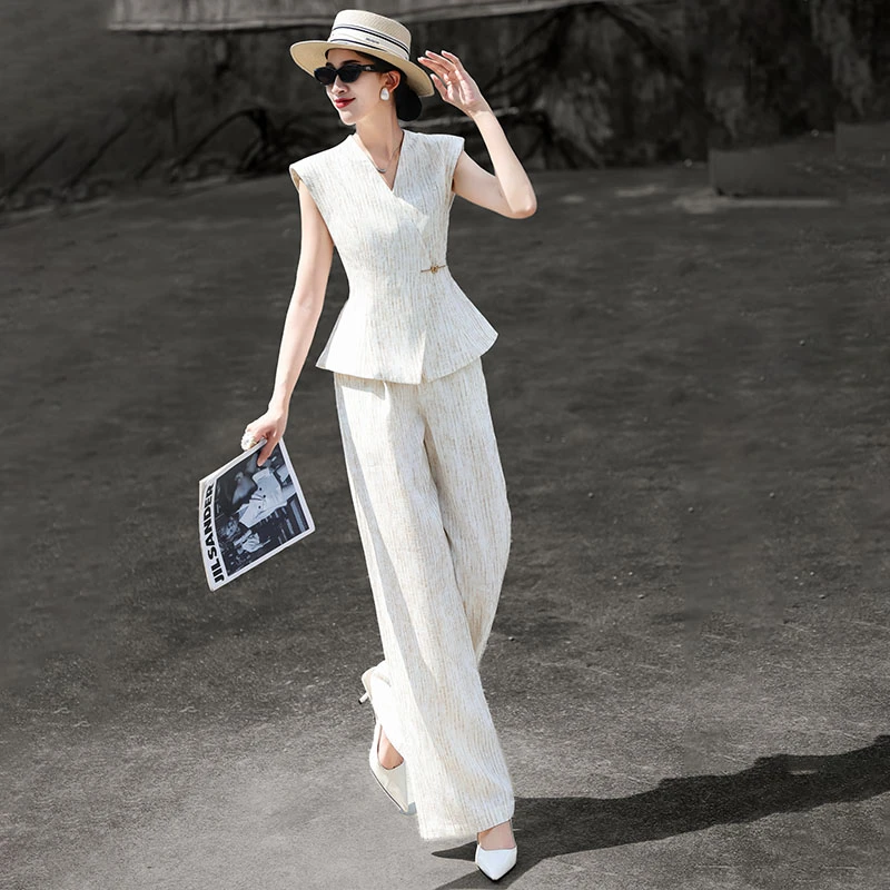 0756夏季新款高级感通勤收腰上衣阔腿裤套装