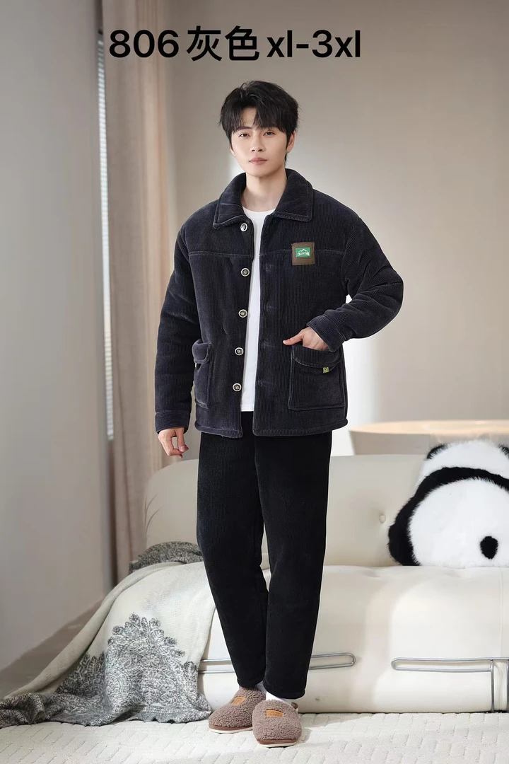 806款带帽男士加厚保暖家居服套装