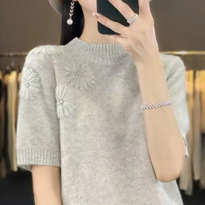 春装新款半高领绣花短袖女士宽松重工钩花半袖针织毛衣