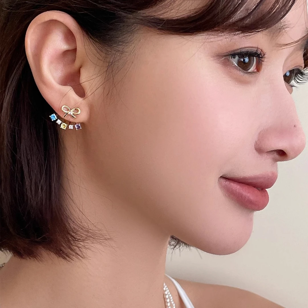 铜合金锆石耳饰 轻奢锆石蝴蝶结耳钉前后两戴耳环高级感精致耳饰