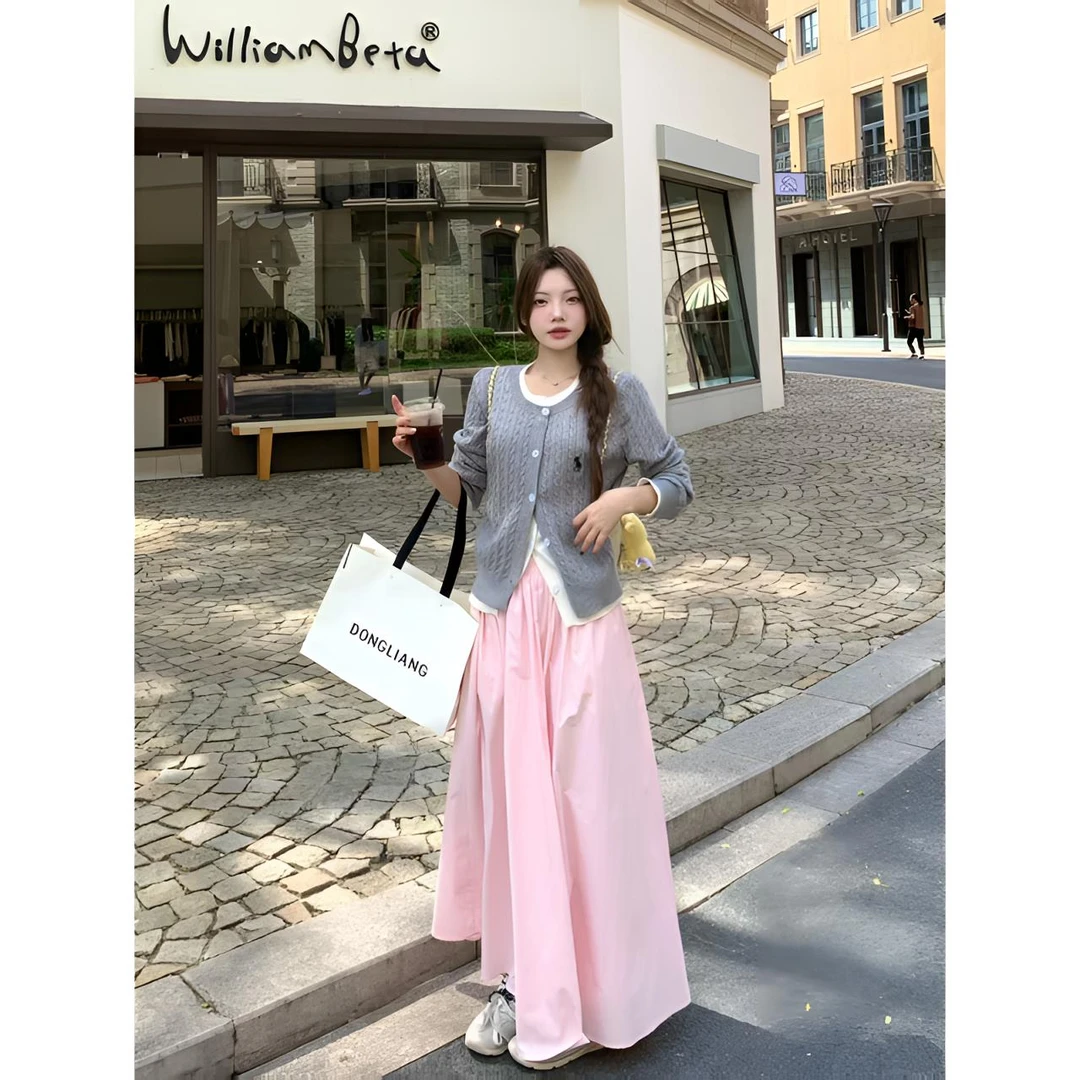 B082 秋季盐系减龄长袖针织开衫~甜美淑女显瘦半身裙两件套