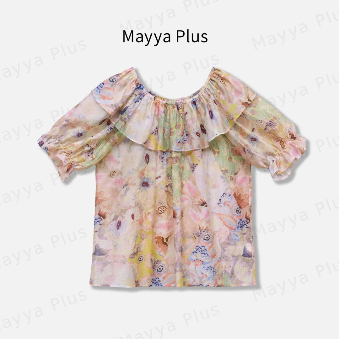 【花样女孩】Mayya Plus麦芽定制度假风碎花小衫荷叶边短袖32526805