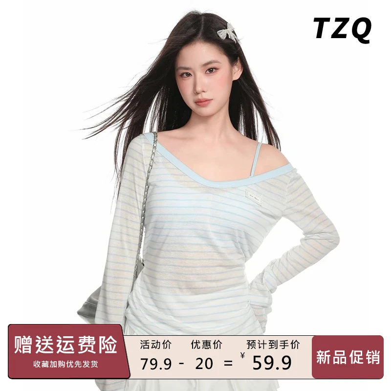 蓝色斜肩防晒罩衫长袖t恤女夏季爆款设计感修身薄上衣TZQ2552626