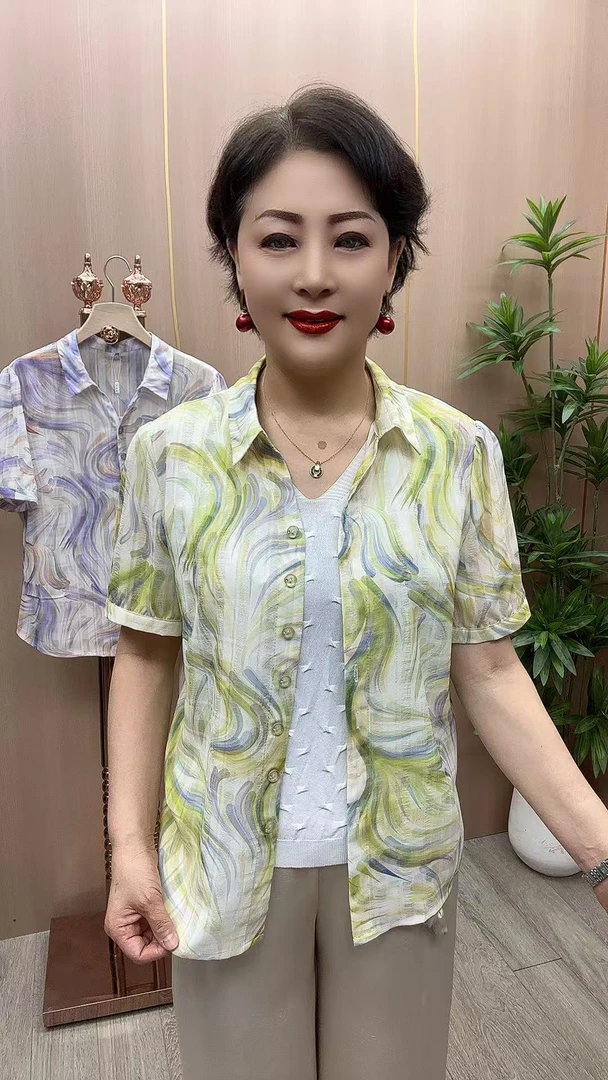 GY#25-60开衫衣长62 中老年女装夏季新款时尚洋气减龄衬衫妈妈衫