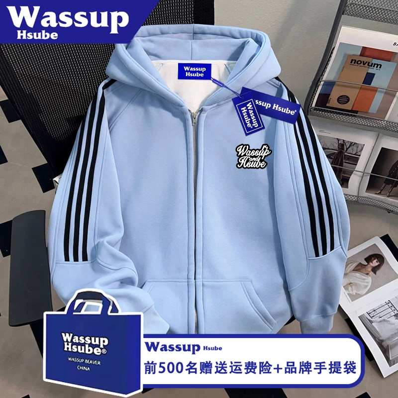 WASSUP HSUBE潮牌艺术字母印花卫衣男女外套秋、连帽加绒拉链开衫