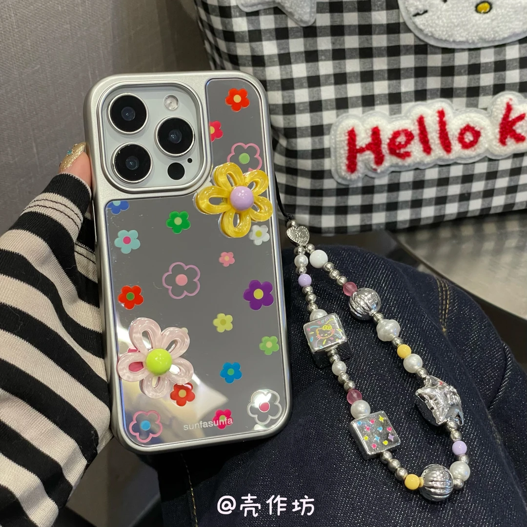 电镀镜面立体花朵苹果16promax手机壳iPhone15/14/13/12保护套链