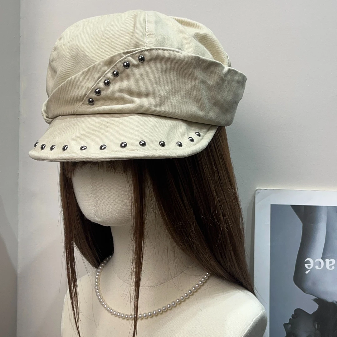小众复古铆钉报童帽女秋百搭显脸小贝雷帽韩系休闲宽檐马术帽