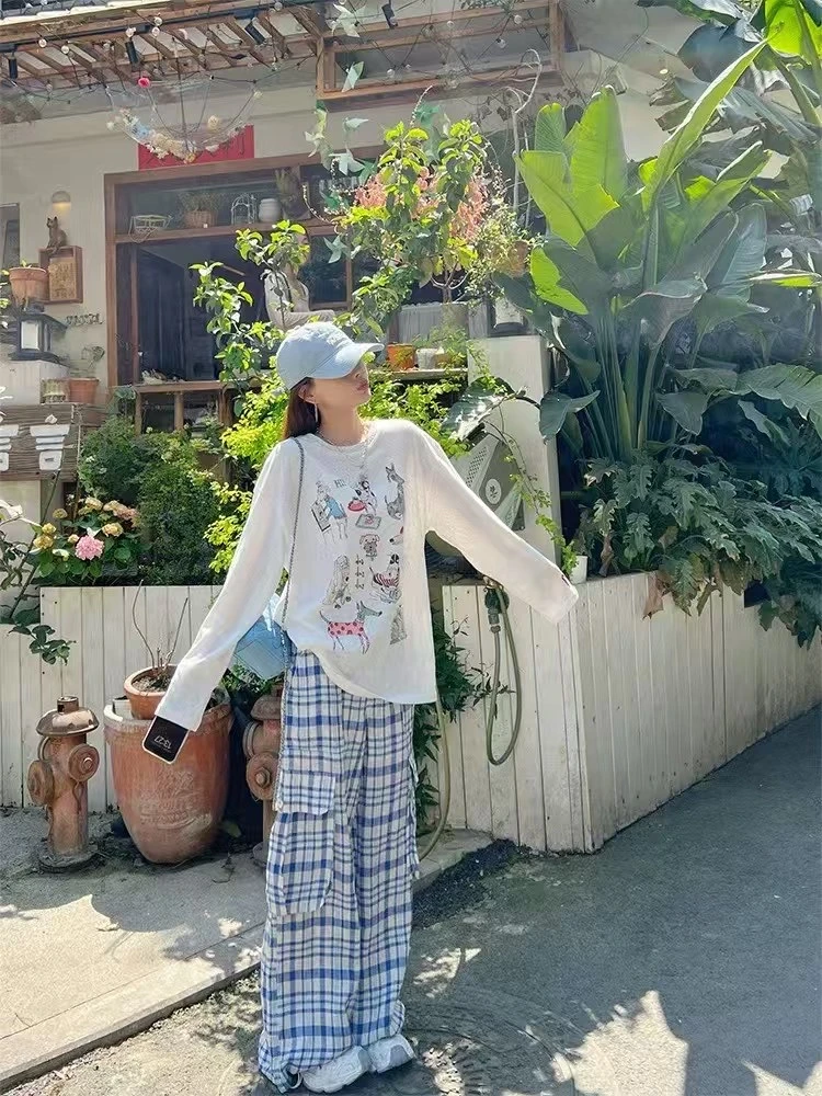 卡通印花小狗长袖防晒T恤女2025春夏新款时尚洋气宽松薄休闲上衣