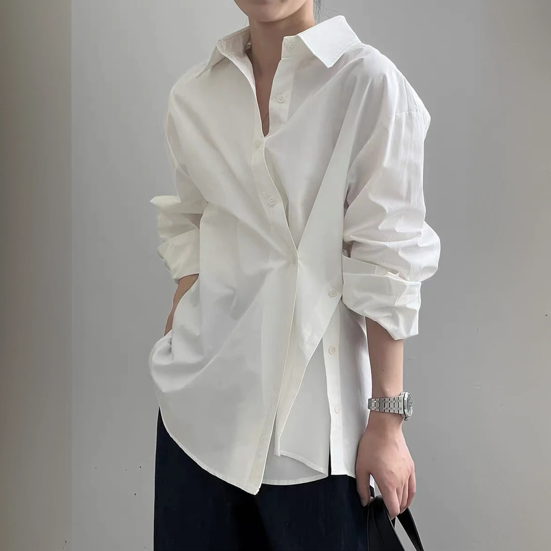 1356不规则侧开叉斜扣衬衫女韩版通勤新款衬衣独特超好看长袖上衣