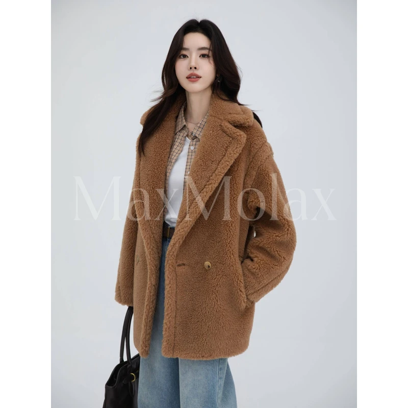 MaxMolza泰迪熊厚款宽松型短外套冬季设计师保暖时尚常规款