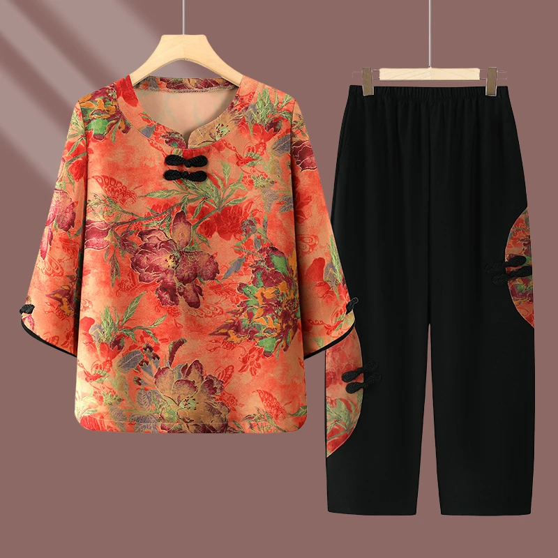 中老年人夏装女奶奶装中袖套装老人妈妈夏季衣服老太太休闲两件套