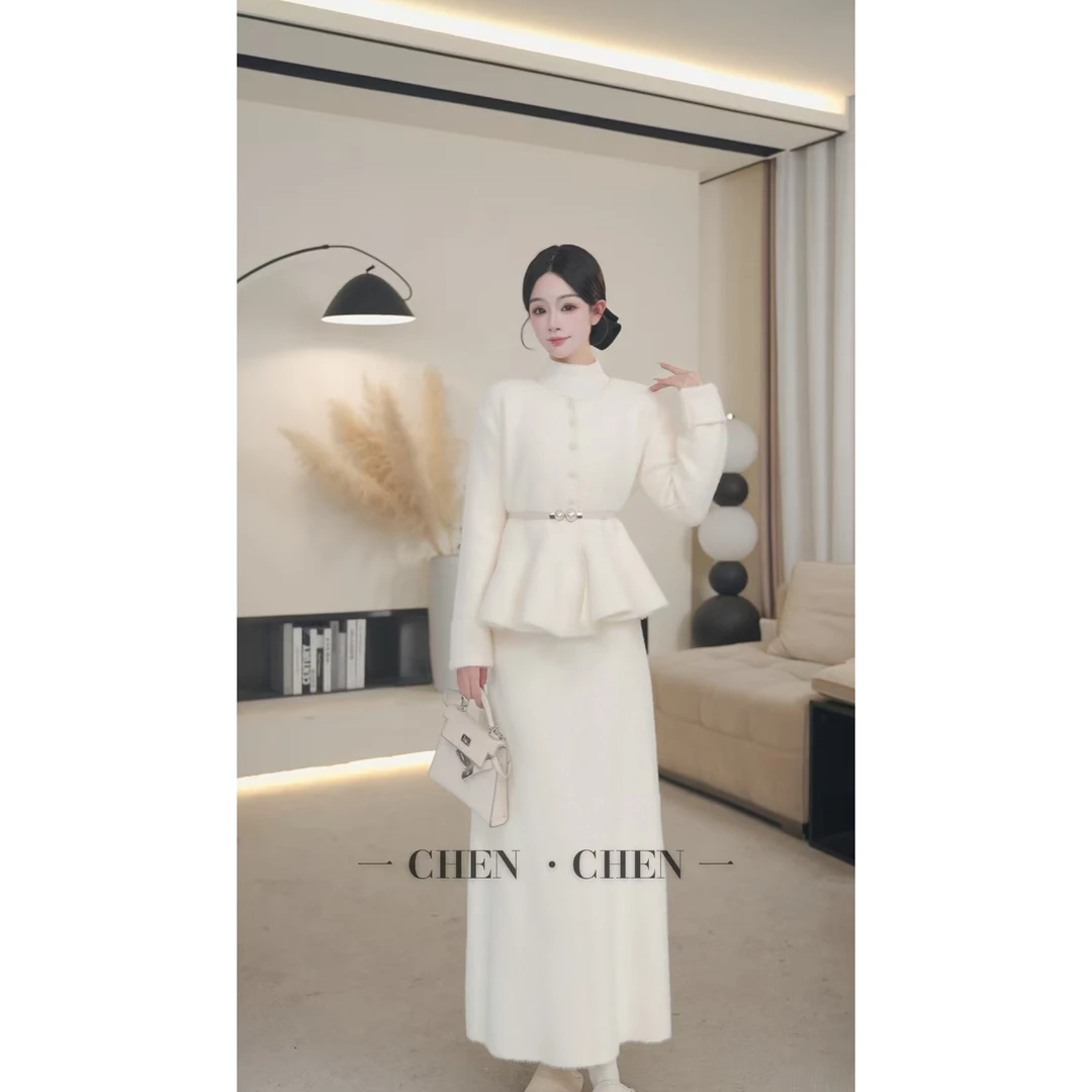 千金感小香风针织套装裙富家千金感上衣+半身长裙+腰带三件套装