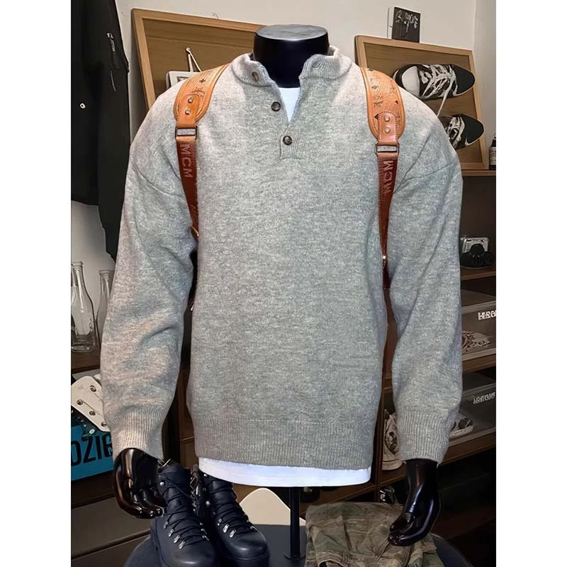 灰色美式复古亨利领毛衣男款秋冬高级慵懒风cleanfit打底针织外套