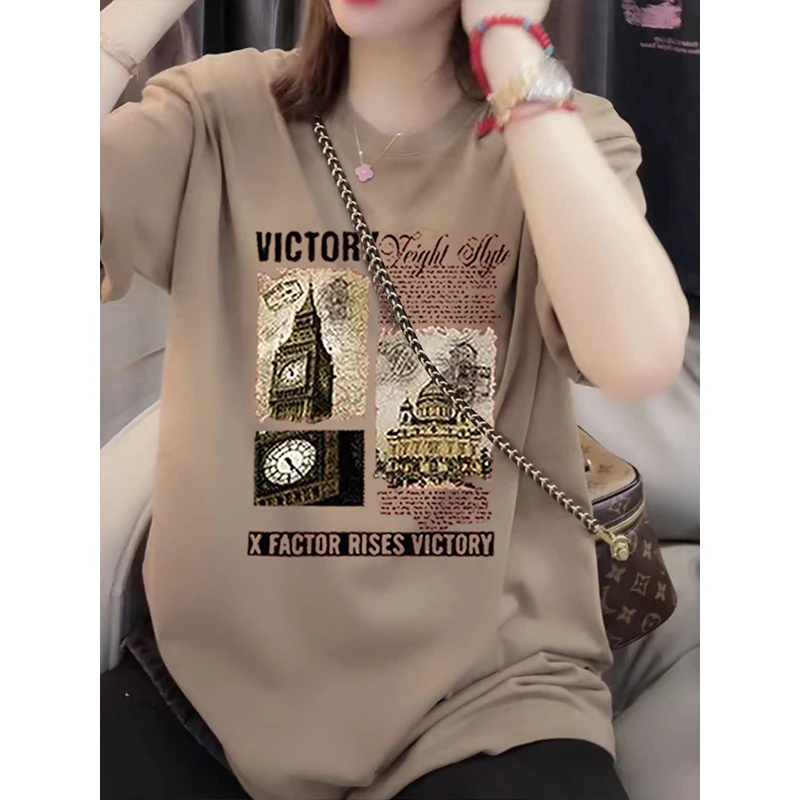 印花短袖圆领T恤女2025欧货夏季新款宽松网红炸街中长款半袖上衣