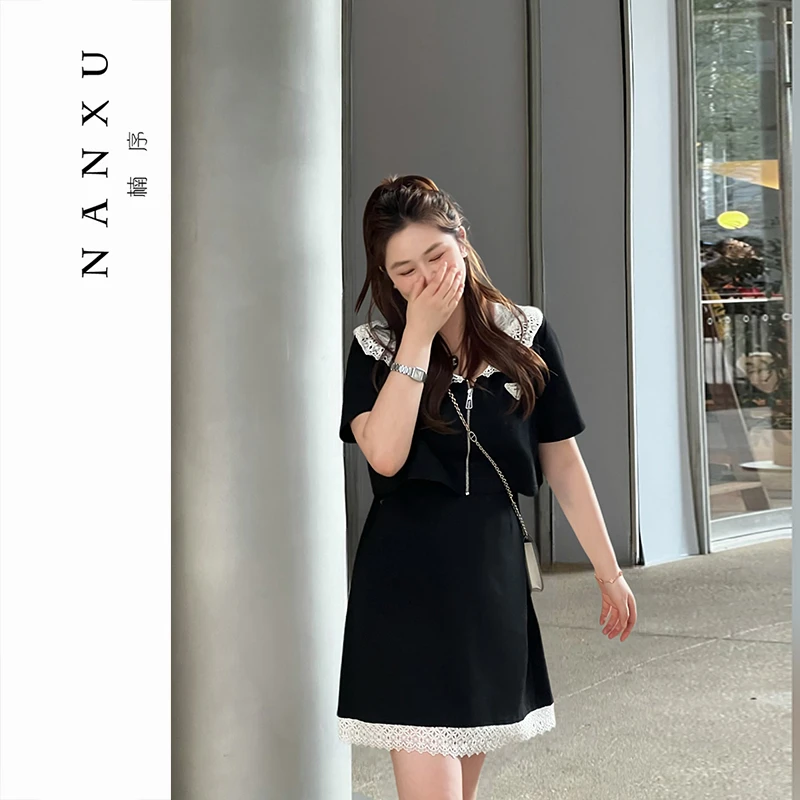 楠序源子微胖女装 温婉衣服夏季黑色裙子新款显瘦连衣裙女YZ36029