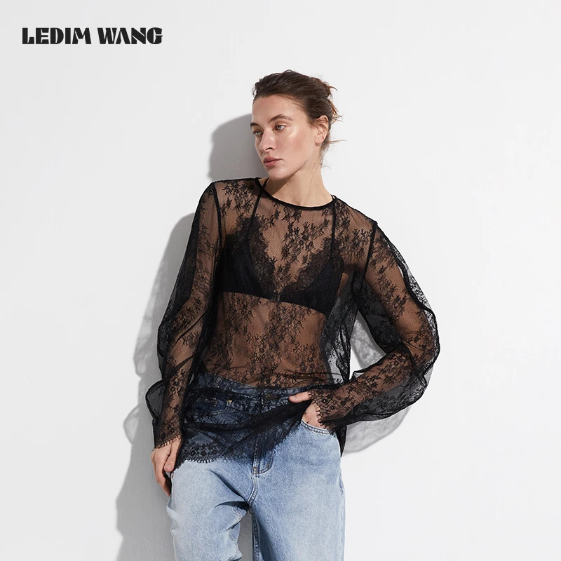 1LEDIM WANG2025夏季透视短款长袖原创设计感宽松蕾丝连衣裙女