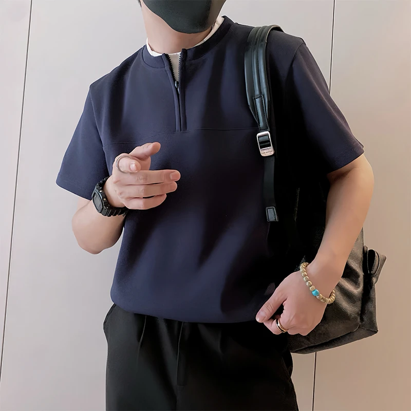 假两件轻奢短袖T恤男夏季新款撞色半拉链宽松休闲男装上衣半截袖