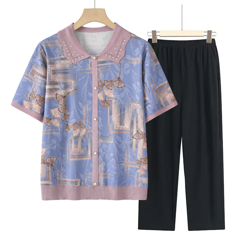 中老年人女装短袖夏季印花针织翻领奶奶装T恤薄款妈妈装宽松小衫