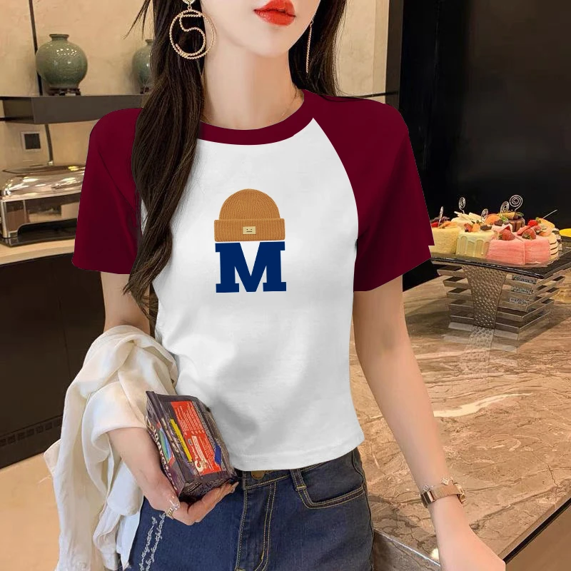 正肩短袖t恤女装夏季修身显瘦休闲洋气印花体恤撞色插肩小衫上衣