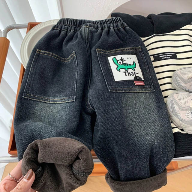 男童冬季加绒牛仔裤保暖加厚裤子2中小男孩卡通恐龙柔软长裤洋气8