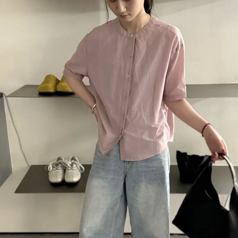 2025夏季新款时尚百搭圆领衬衫短袖女宽松显瘦气质减龄T恤上衣