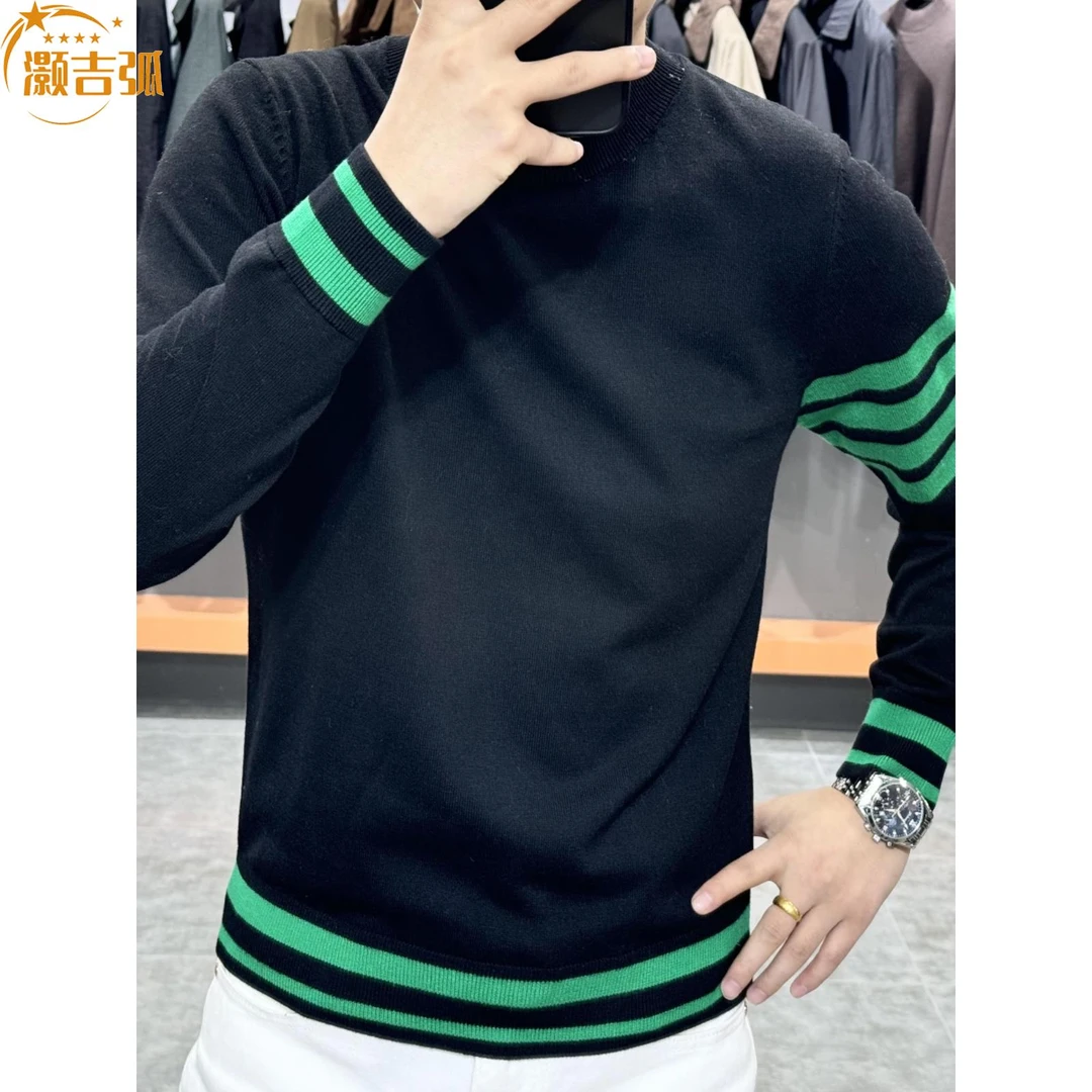 灏吉弧男毛衣2025秋冬新款条纹圆领毛衣时尚修身潮流长袖针织衫