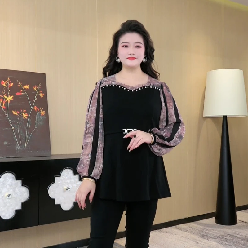 胖晶晶定制大码女装春季新款时髦拼接假两件钉珠上衣ZB6472