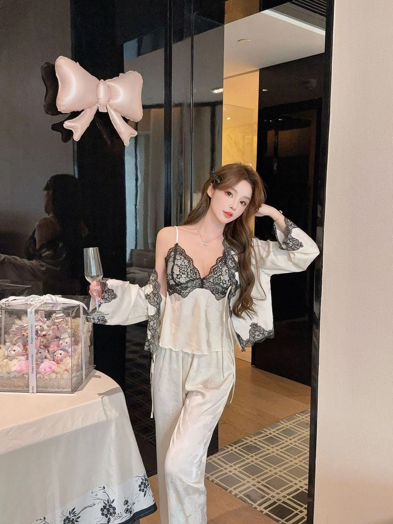 【望京西】安妮日记轻奢高定冰丝提花带胸垫吊带长袖长裤女套装睡衣