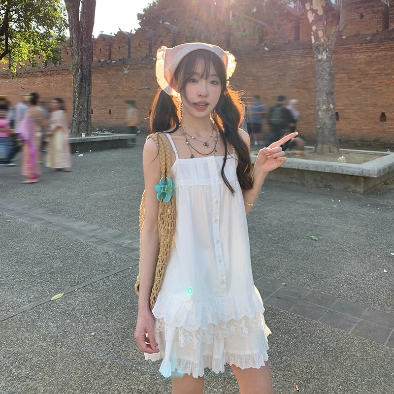 东京岁时记jk吊带连衣裙女夏学院风甜美百搭蕾丝白色吊带半裙套装