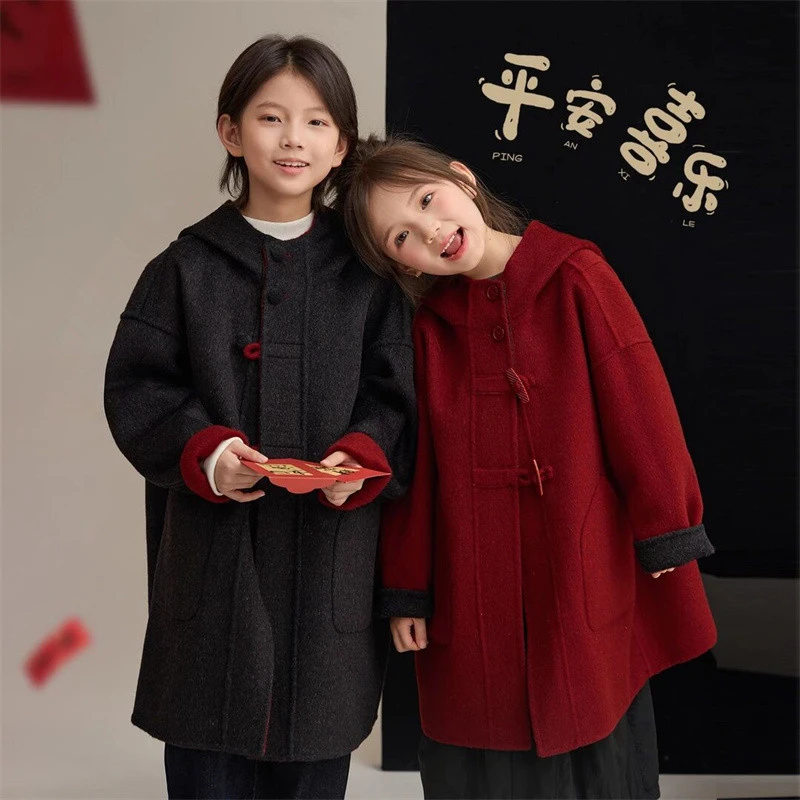 女童双面呢呢子外套秋冬2025新款儿童大毛领冬装韩版女孩加厚外套