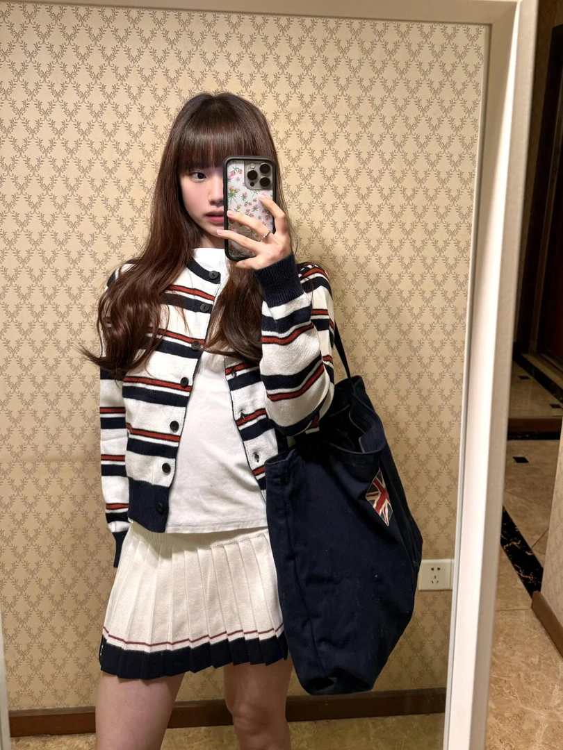 条纹针织衫开衫毛衣女2025秋季新款韩系学院风短款外套小个子上衣