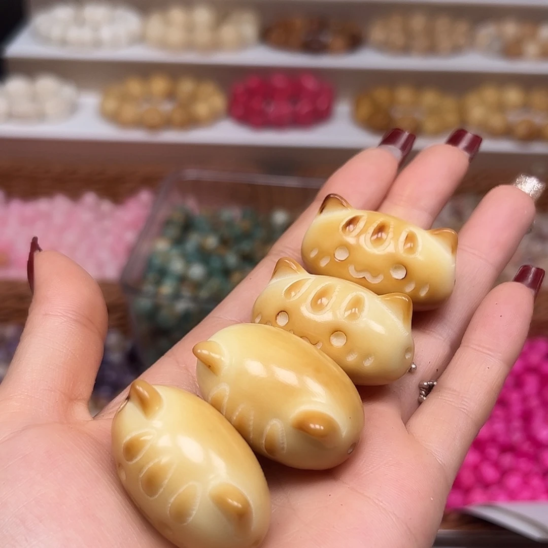 手串菩提根/象牙果瑕疵炭烤法棍猫4颗表面孔道有裂卡38➕