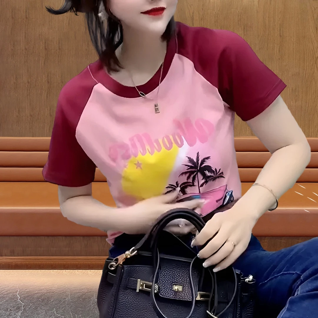 纯棉插肩袖拼色短袖T恤女韩版休闲时尚洋气减龄字母印花圆领上衣