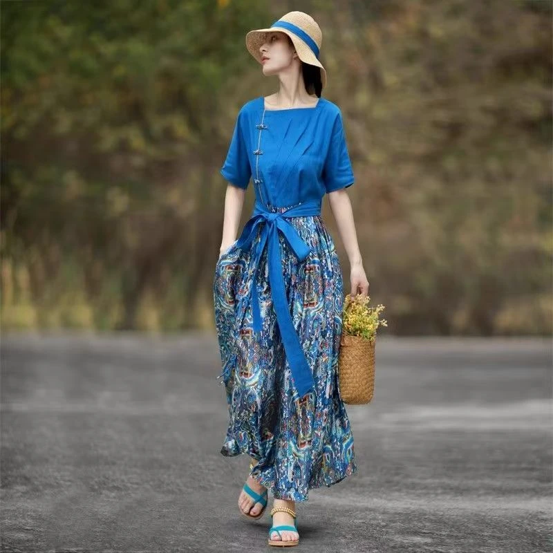 夏季民族风棉麻连衣裙女2025夏季新款复古文艺宽松显瘦气质长裙子
