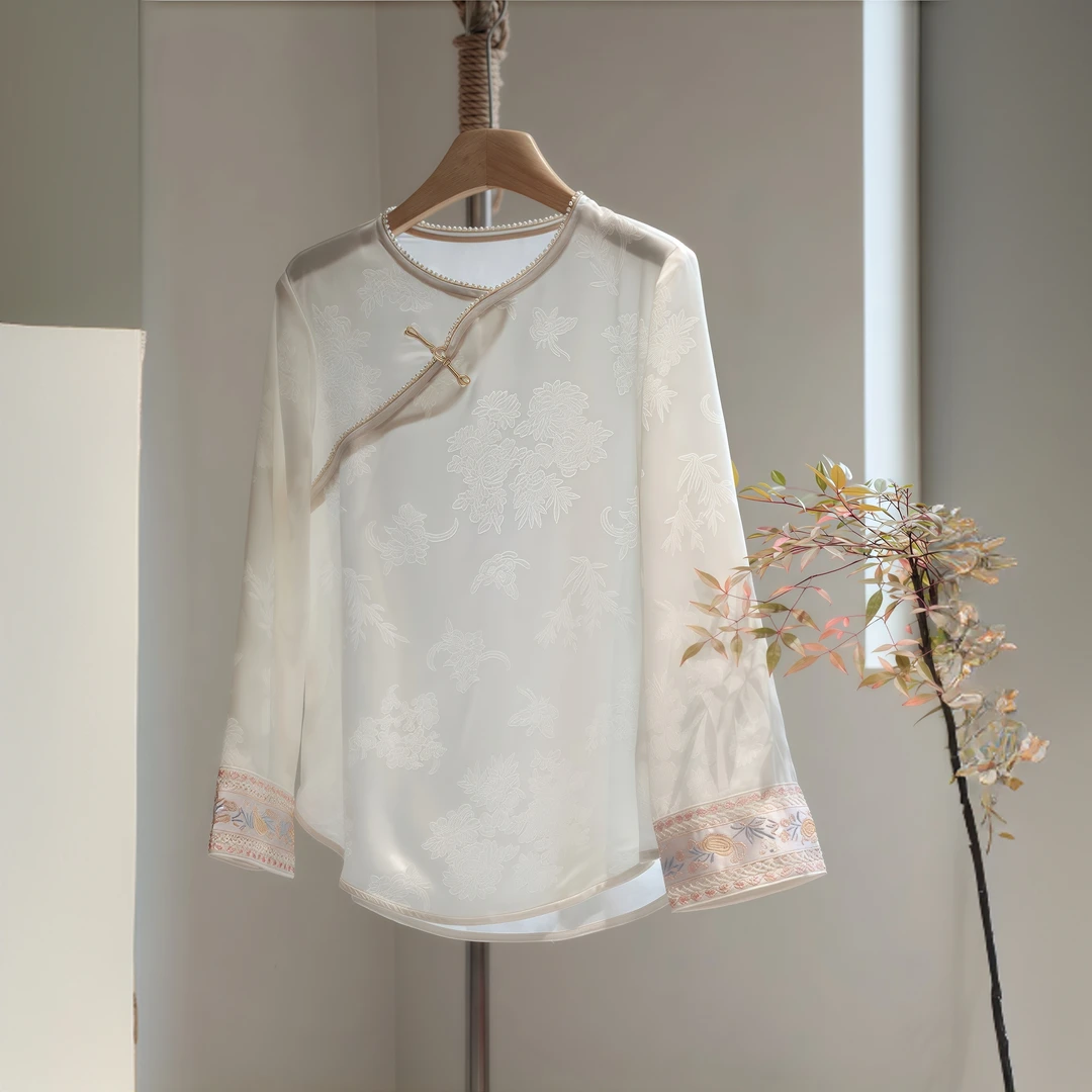 绝美新中式内搭改良高级感缎面春季新品圆领刺绣长袖百搭衬衫上衣