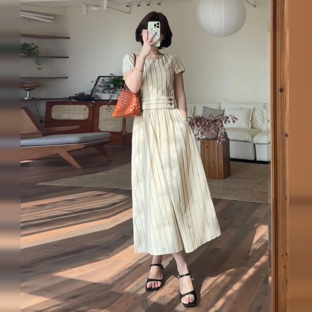 【现货+运补】高级感条纹衬衫连衣裙夏季爆款收腰显瘦气质长裙5734