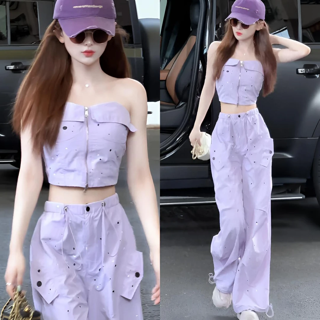 时尚洋气甜酷辣妹工装风套装女夏季吊带背心阔腿裤盐系炸街两件套