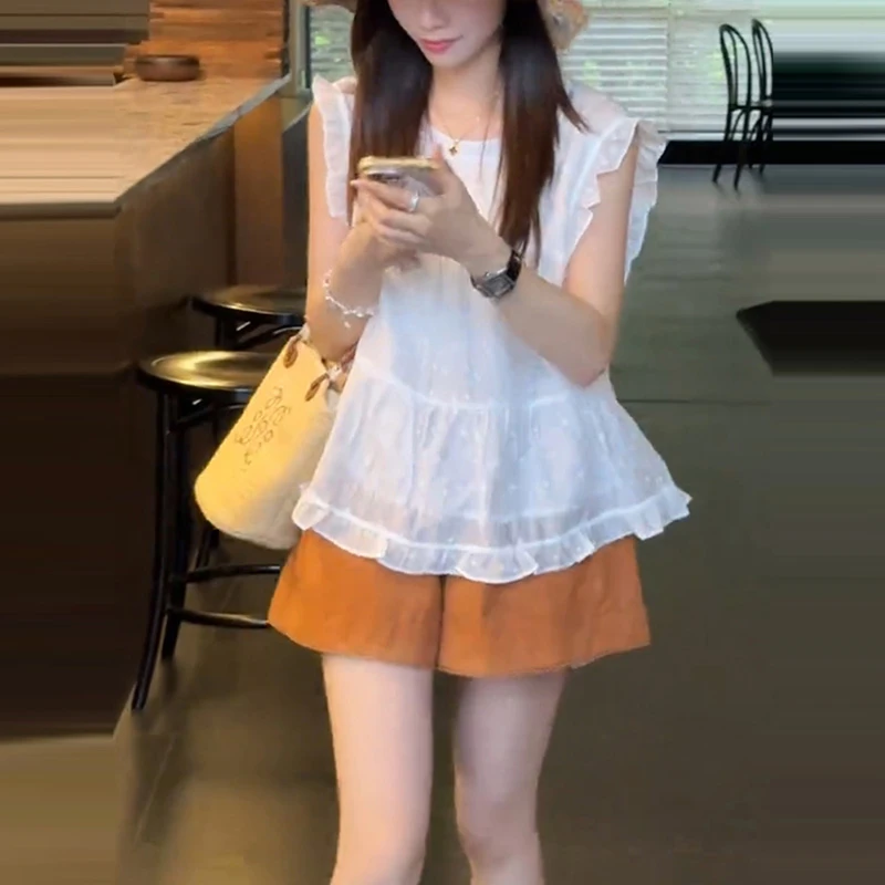 夏季小个子减龄穿搭一整套新款法式荷叶边无袖小衫上衣短裤两件套