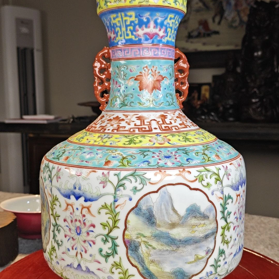 ql粉彩双耳转心瓶全品31公分