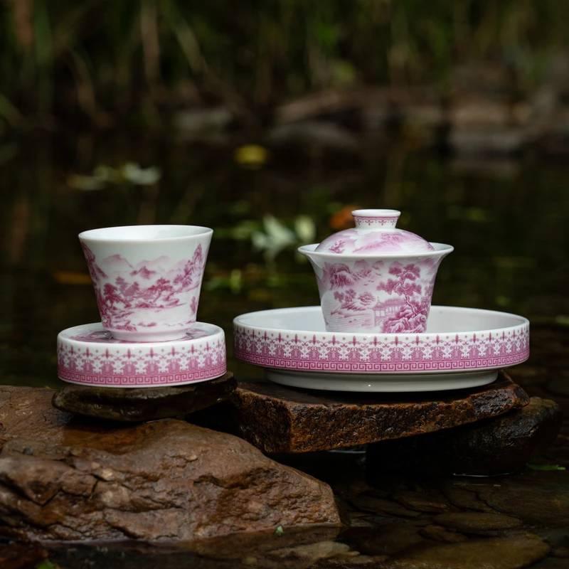 景德镇陶瓷胭脂红千里江山茶具套装整套山水茶具粉红山水茶器