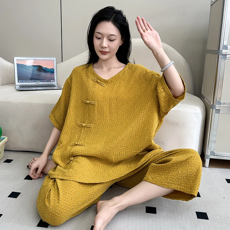 夏季大码纯棉睡衣短袖七分裤中国风印花家居服薄款纱布碎花女套装