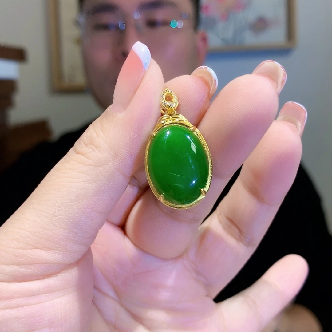 和田玉（碧玉）颈饰银S925镀金镶嵌