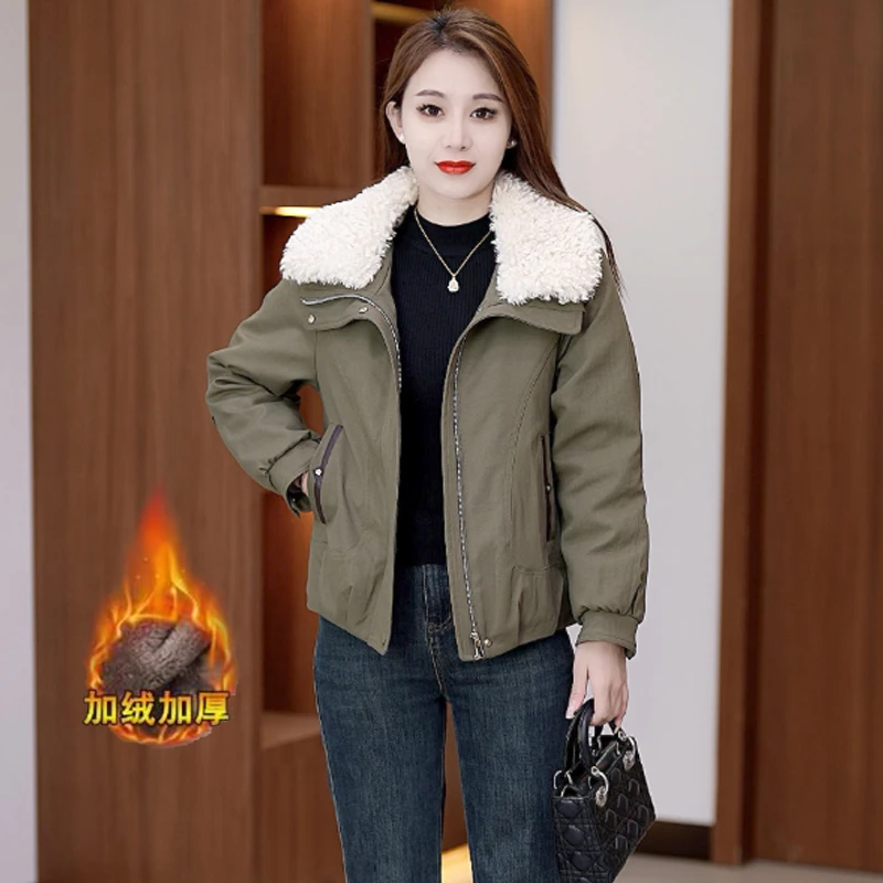 加绒加厚短款派克服棉服女冬季新款洋气小个子羊羔毛领棉袄外套潮